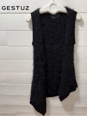 GESTUZ – Black Fuzzy Knit Asymmetrical Sleeveless Top – Size S